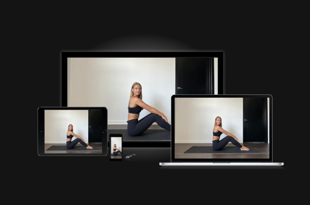 Pilates workout classes featured in several different video screen formats: laptop, phone, tablet, tv/television. 